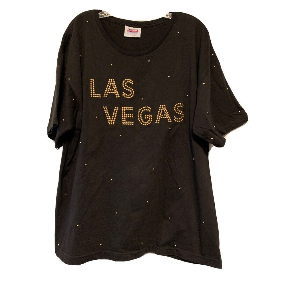 Vintage Las Vegas Top Blouse Pullover Black Gold Studs Bling Glam Round Neck XL